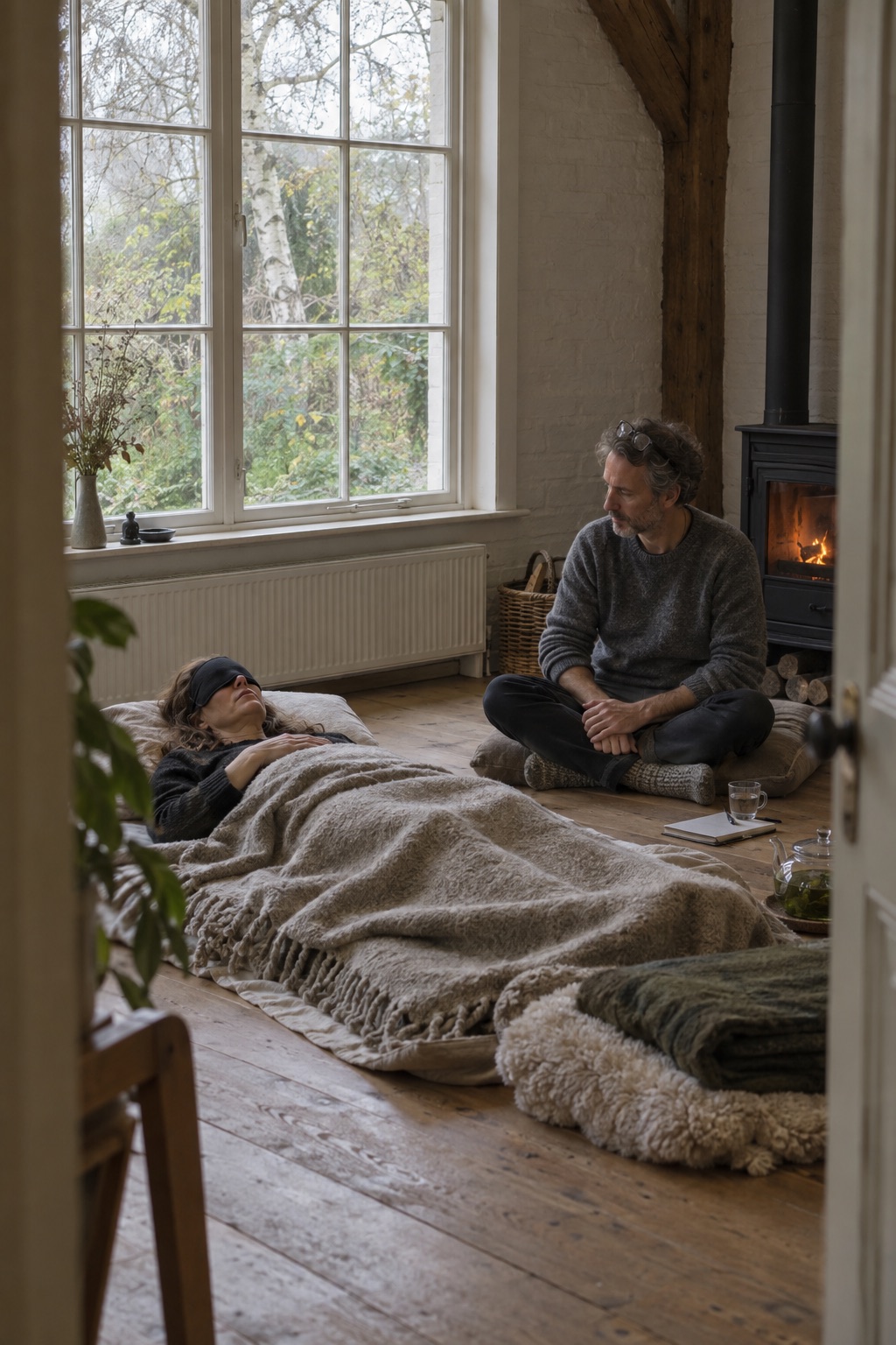 A person resting under a blanket with an eyeshade on a floor mattress, while their partner sits beside them and watches over them, in a quiet farmhouse room